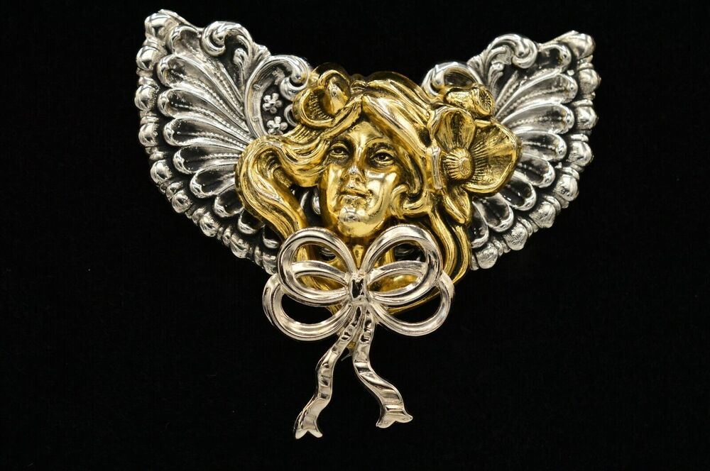 Jane AOL Vintage Angel Pin Brooch Wing Woman Bow Gold Silver 1994 Signed BinF